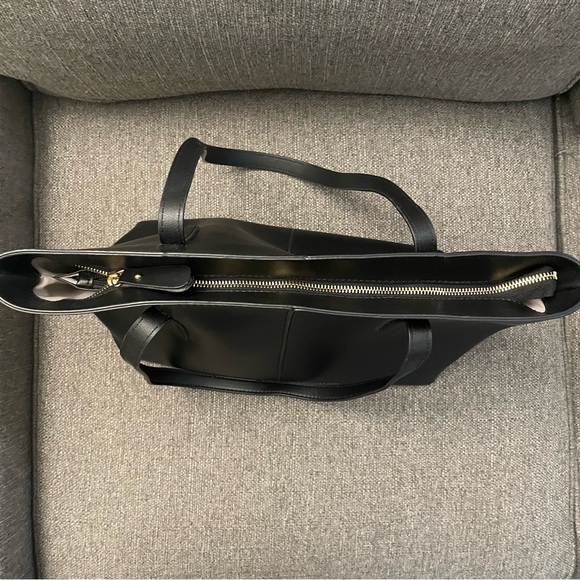 Faux Leather Triple Compartment Tote Bag in black with zippered top closure - Picture 8 of 14